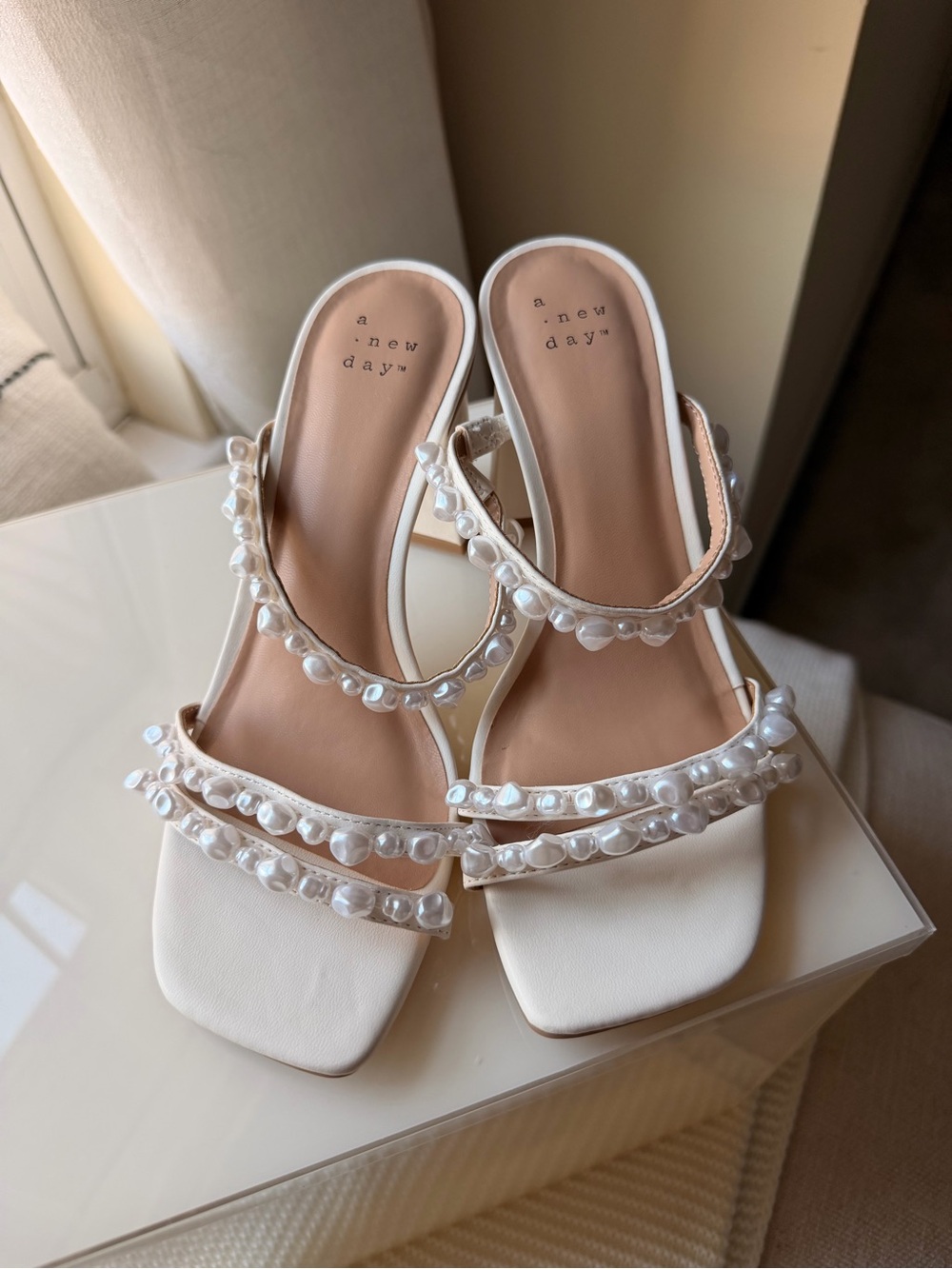 a new day Cream Pearl-Strap Square-Toe Heeled Sandals